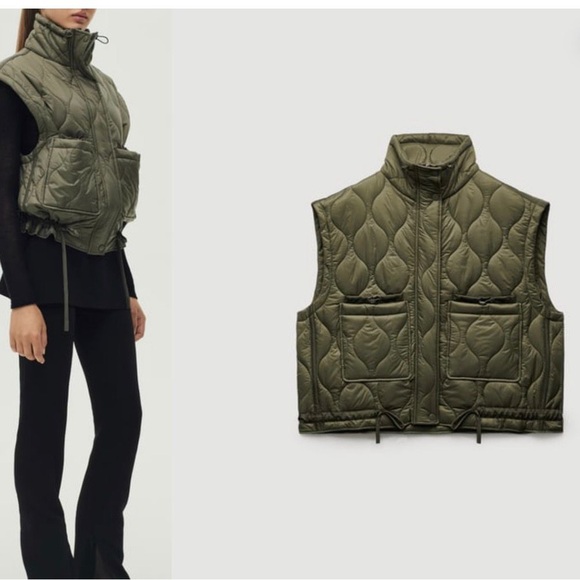 Zara Jackets & Blazers - Zara Quilted High-Collar Sleeveless Vest - Olive